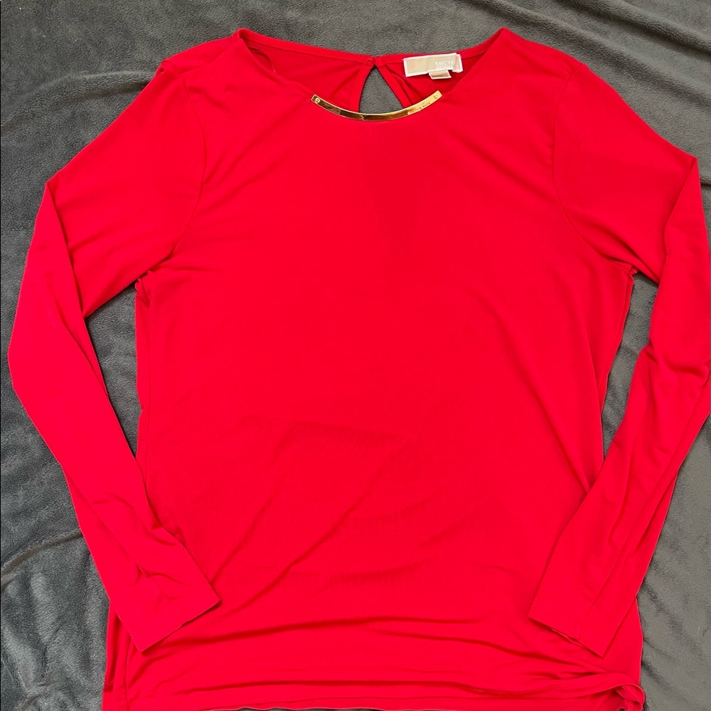 🌷 SALE: Michael Kors red long sleeve shirt with gold collar accent size M